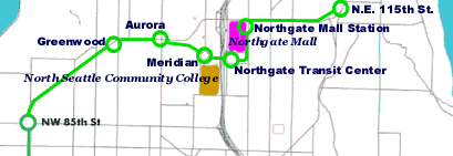 Map of proposed extension of Green Line to Northgate and Lake City