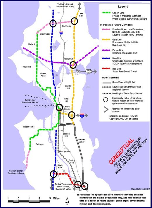 Map showing proposed routes  for city-wide monorail system invisioned by the former Seattle Monorail Project
